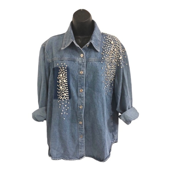 Beautiful denim crystal rhinestones studded‎ button down shirt size medium new - Picture 3 of 16
